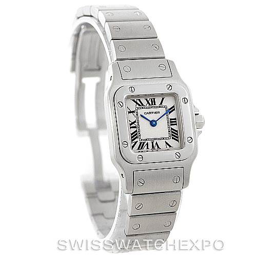 The image shows a front angle view of a Cartier Santos W20056D6 Women
s Stainless Steel Silver Dial W20056D6 Women
s Stainless Steel Silver Dial watch, highlighting its face and bracelet.