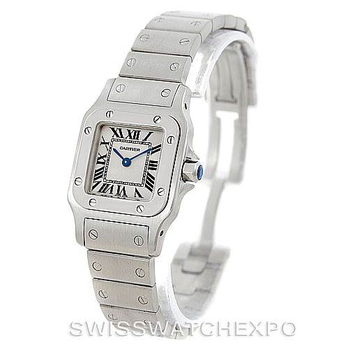 The image shows a Cartier Santos W20056D6 Women
s Stainless Steel Silver Dial W20056D6 Women
s Stainless Steel Silver Dial watch at a slight angle, highlighting the face, bezel, and bracelet.
