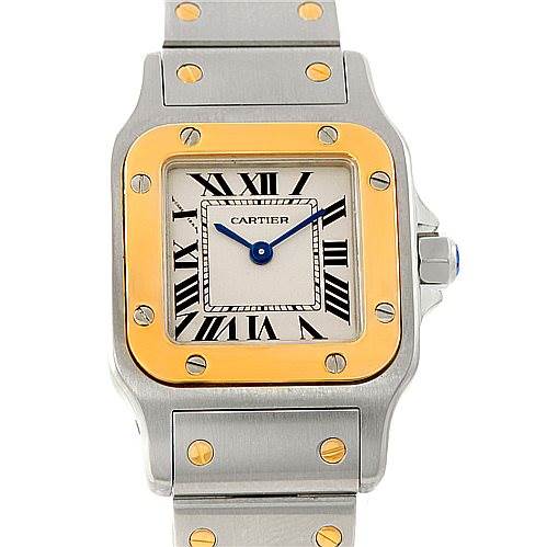 This image shows a frontal view of the Cartier Santos W20012C4 Women's Stainless Steel Silver Dial W20012C4 Women's Stainless Steel Silver Dial watch, highlighting the dial, bezel, and part of the bracelet.