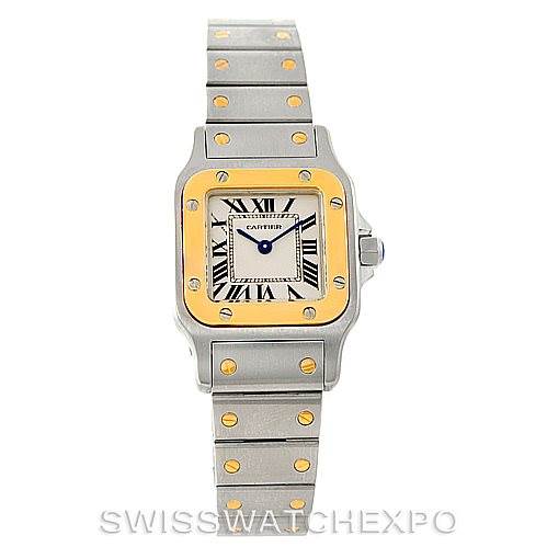 The image shows a front view of a Santos model watch by Cartier, displaying the face, bezel, and bracelet.