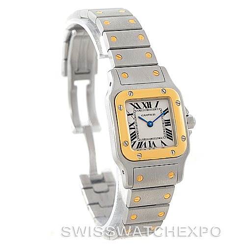 The image shows a Cartier Santos W20012C4 Women's Stainless Steel Silver Dial W20012C4 Women's Stainless Steel Silver Dial watch from an angled view, highlighting the face, bezel, and bracelet.