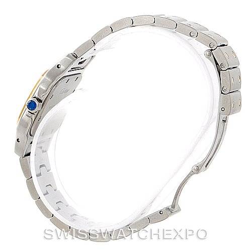 The image shows a side profile of the Santos model by Cartier, highlighting the bracelet and crown of the watch.