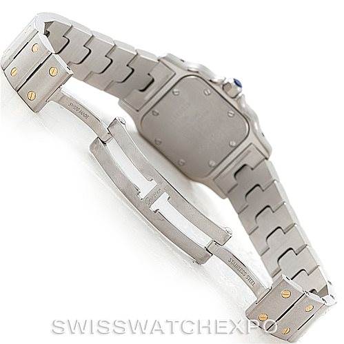 The image shows the backside of a Cartier Santos W20012C4 Women's Stainless Steel Silver Dial W20012C4 Women's Stainless Steel Silver Dial watch, highlighting the case back, bracelet, and deployment clasp from a rear angle.