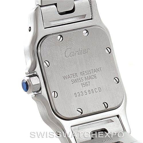 The image shows the back case of a Cartier Santos W20012C4 Women's Stainless Steel Silver Dial W20012C4 Women's Stainless Steel Silver Dial watch, displaying the branding, model, and water resistance details.