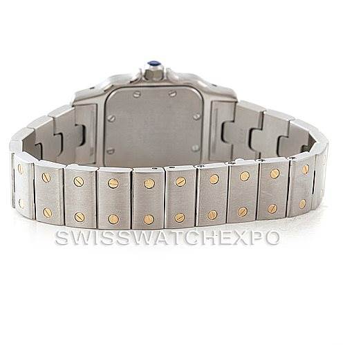 The image shows the back view of a Santos model by Cartier, highlighting its stainless steel bracelet with gold screw details.