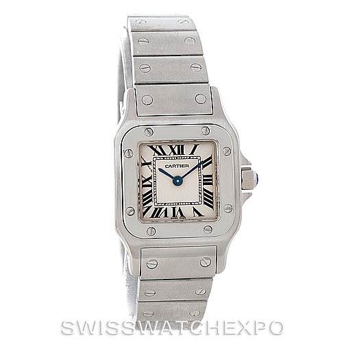 This image shows a front view of a Cartier Santos W20056D6 Women
s Stainless Steel Silver Dial W20056D6 Women
s Stainless Steel Silver Dial watch, highlighting its square face, Roman numerals, and metal bracelet.