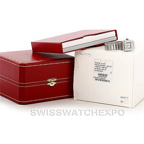 The Cartier Santos W20056D6 Women
s Stainless Steel Silver Dial W20056D6 Women
s Stainless Steel Silver Dial watch is shown with its original packaging, including red boxes and a labeled white tag.