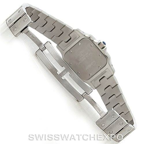 The image shows the backside of the Santos model by Cartier, focusing on the bracelet clasp and case back.