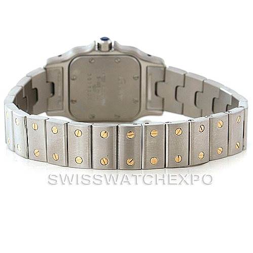 This image shows the back and bracelet of a Cartier Santos W20012C4 Women
s Stainless Steel Silver Dial W20012C4 Women
s Stainless Steel Silver Dial watch, highlighting its two-tone screw detail.