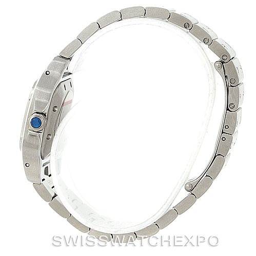 This image shows a side view of a Cartier Santos W20054D6 Women
s Stainless Steel Silver Dial W20054D6 Women
s Stainless Steel Silver Dial watch, highlighting the bracelet, case, and crown with a blue cabochon.
