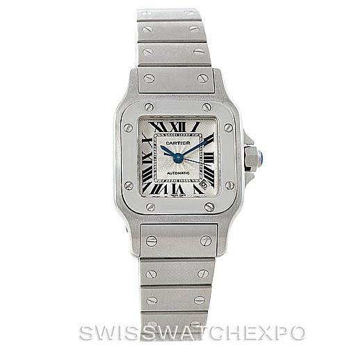 This image shows a front view of the Cartier Santos W20054D6 Women
s Stainless Steel Silver Dial W20054D6 Women
s Stainless Steel Silver Dial watch, displaying the face, bezel, and bracelet.