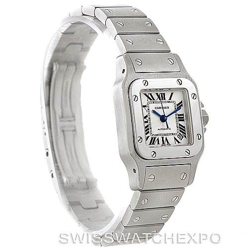 This image shows a Cartier Santos W20054D6 Women
s Stainless Steel Silver Dial W20054D6 Women
s Stainless Steel Silver Dial watch at a slight angle, displaying the face, bezel, crown, and part of the bracelet.