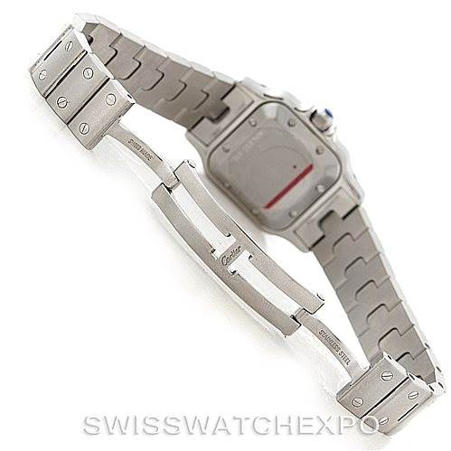 The image shows a side view of a Cartier Santos W20054D6 Women
s Stainless Steel Silver Dial W20054D6 Women
s Stainless Steel Silver Dial watch with focus on the metal bracelet and clasp.