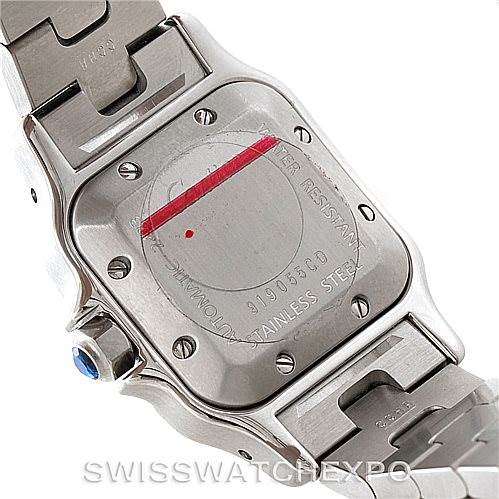 The image shows the back case of a Santos model by Cartier, highlighting its stainless steel material and water resistance.