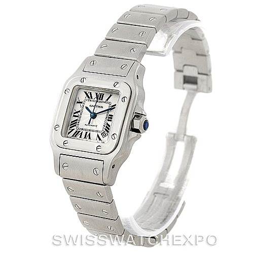 The image shows a Cartier Santos W20054D6 Women
s Stainless Steel Silver Dial W20054D6 Women
s Stainless Steel Silver Dial watch at a three-quarter angle, displaying its face, bezel, crown, and bracelet.