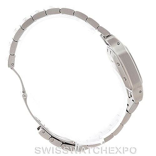 This image shows the side profile of a Santos model by Cartier, highlighting the bracelet and case.