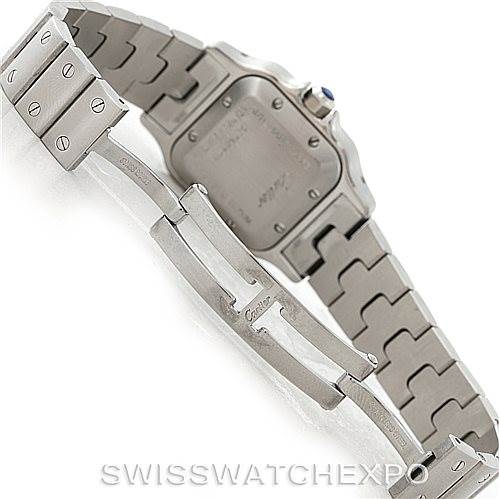 This image of the Cartier Santos W20054D6 Women
s Stainless Steel Silver Dial W20054D6 Women
s Stainless Steel Silver Dial watch shows its back case, bracelet, and clasp from a side angle.