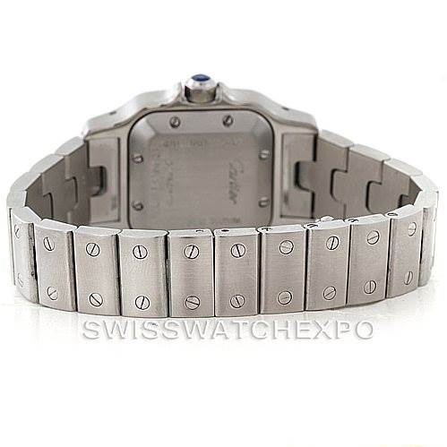 This image shows the back view of a Cartier Santos W20054D6 Women
s Stainless Steel Silver Dial W20054D6 Women
s Stainless Steel Silver Dial watch, including its case back and stainless steel bracelet.