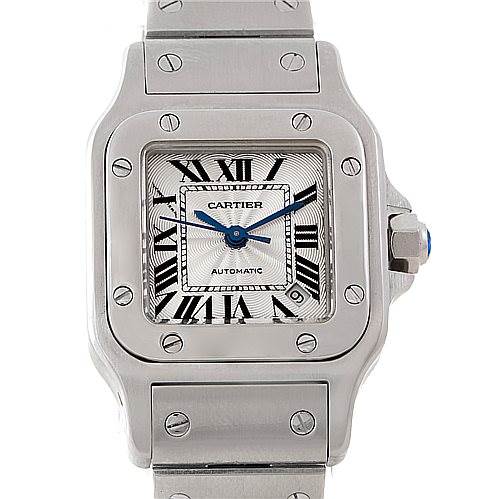 The image shows a front view of a Cartier Santos W20054D6 Women
s Stainless Steel Silver Dial W20054D6 Women
s Stainless Steel Silver Dial watch, highlighting the face, bezel, and segments of the strap.