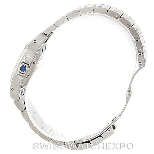 The image shows a side profile view of a Cartier Santos W20054D6 Women
s Stainless Steel Silver Dial W20054D6 Women
s Stainless Steel Silver Dial watch, highlighting the case, bezel, and bracelet.