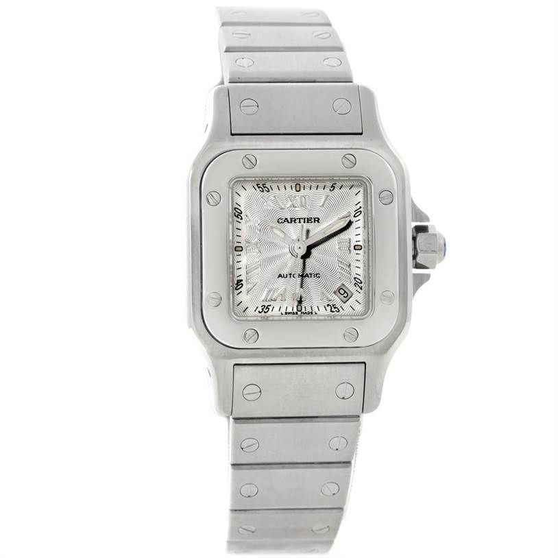 The image shows a frontal view of a Cartier Santos W20044D6 Women
s Stainless Steel Silver Dial W20044D6 Women
s Stainless Steel Silver Dial watch, including its face, bezel, crown, and bracelet.