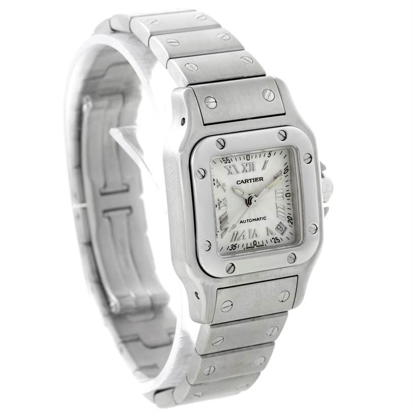 The image shows a Cartier Santos W20044D6 Women
s Stainless Steel Silver Dial W20044D6 Women
s Stainless Steel Silver Dial model watch at a slight angle, displaying its face, bezel, and bracelet.
