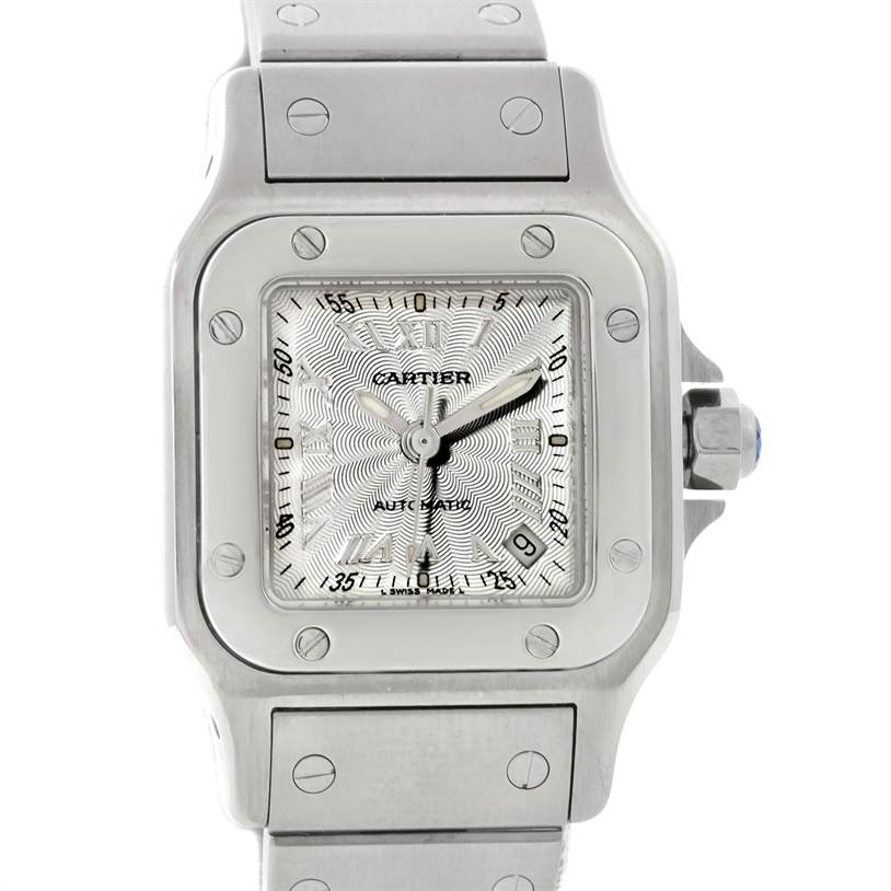The image shows a front view of the Cartier Santos W20044D6 Women
s Stainless Steel Silver Dial W20044D6 Women
s Stainless Steel Silver Dial watch, highlighting the dial, case, and part of the bracelet.