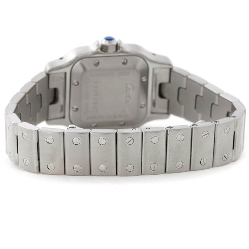 The image shows the back view of the Cartier Santos W20044D6 Women
s Stainless Steel Silver Dial W20044D6 Women
s Stainless Steel Silver Dial model watch, including the case back, bracelet, and screw details.