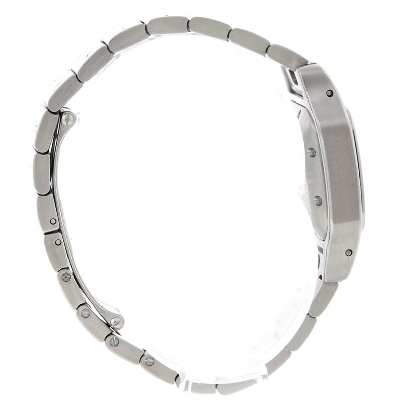 This image shows the side profile of the Cartier Santos W20044D6 Women
s Stainless Steel Silver Dial W20044D6 Women
s Stainless Steel Silver Dial watch, highlighting its case and metal bracelet.