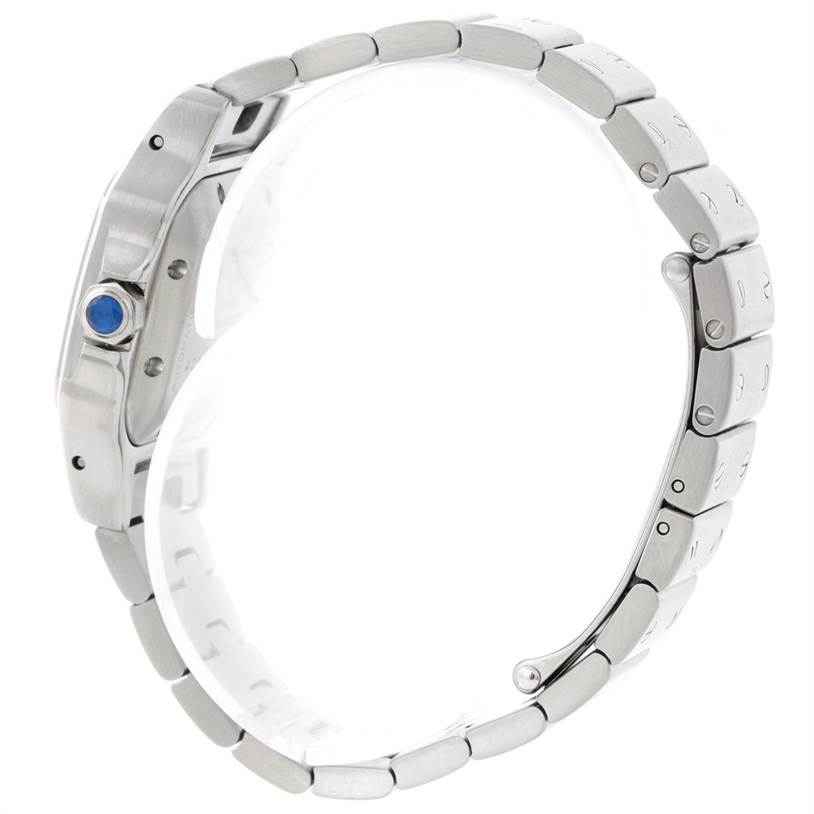 This image shows a side view of a Cartier Santos W20044D6 Women
s Stainless Steel Silver Dial W20044D6 Women
s Stainless Steel Silver Dial watch, highlighting the bracelet and crown.