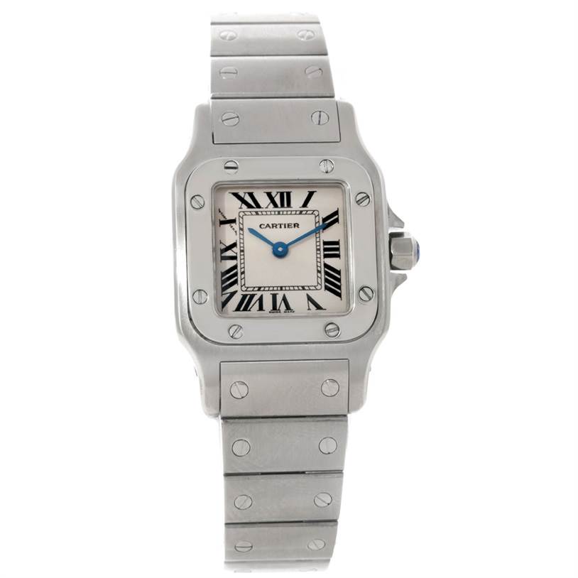 The image shows a frontal view of a Santos model by Cartier, featuring its bracelet, bezel, dial, and crown.