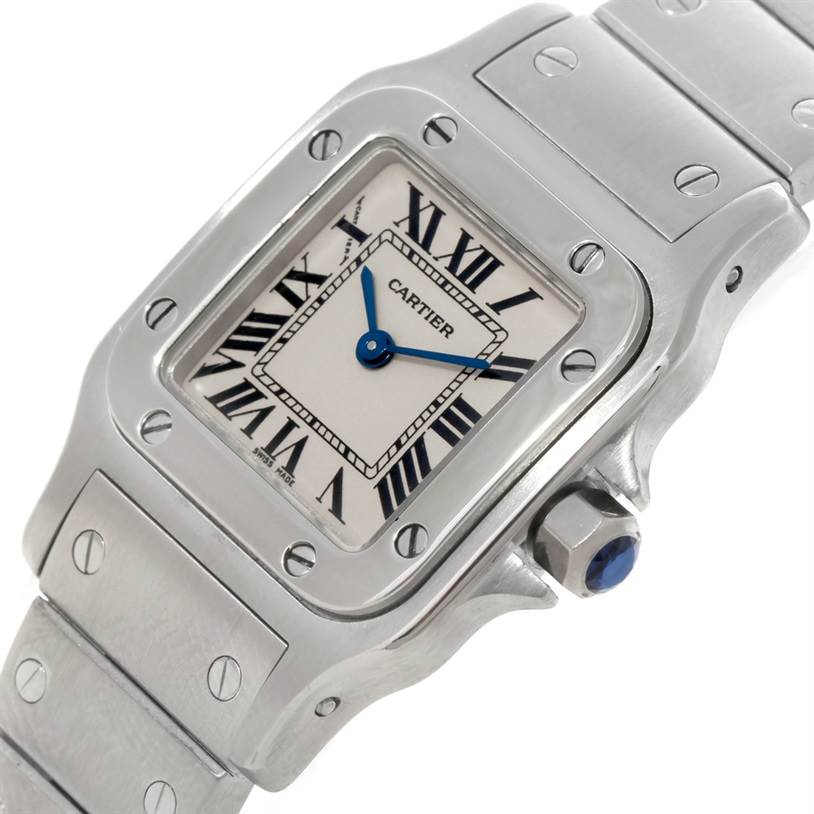 This image shows a close-up front angle of the Cartier Santos W20056D6 Women
s Stainless Steel Silver Dial W20056D6 Women
s Stainless Steel Silver Dial watch, highlighting the face, bezel, and part of the bracelet.