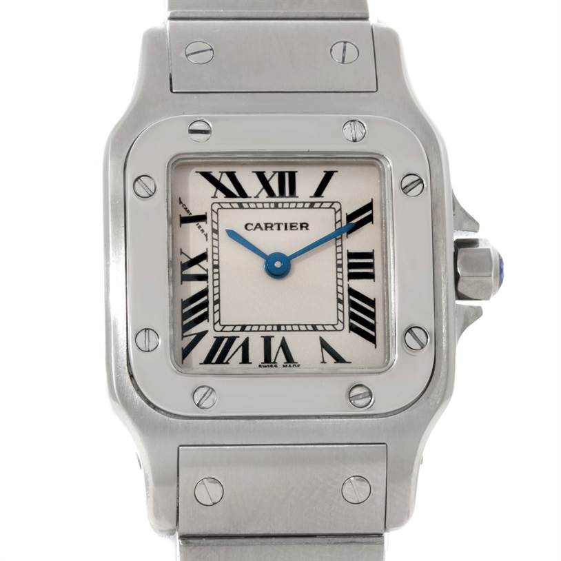This image shows a frontal view of the dial and part of the bracelet of the Cartier Santos W20056D6 Women
s Stainless Steel Silver Dial W20056D6 Women
s Stainless Steel Silver Dial watch.