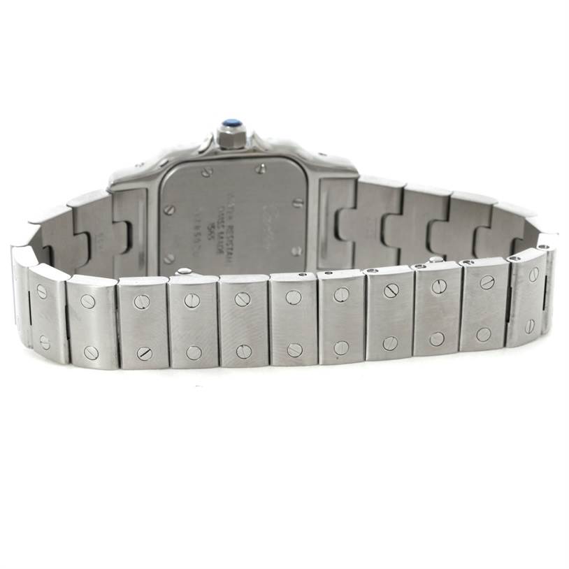 This image shows the back and bracelet of a Cartier Santos W20056D6 Women
s Stainless Steel Silver Dial W20056D6 Women
s Stainless Steel Silver Dial watch, highlighting the screw details on the links.