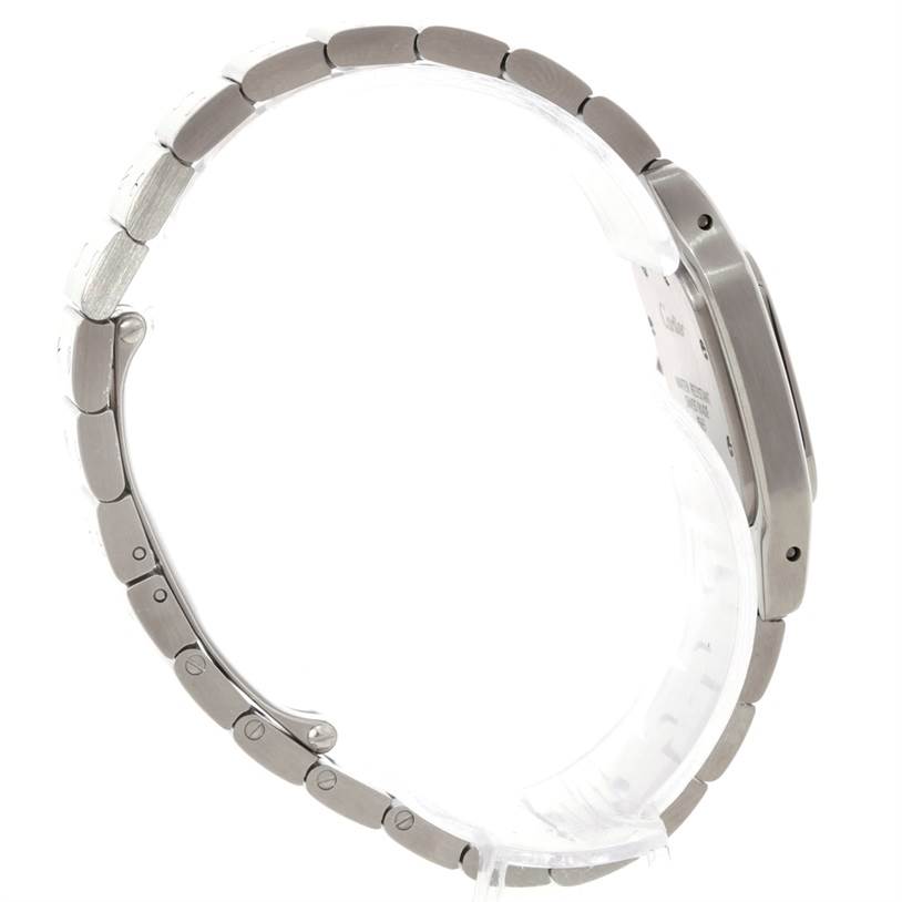 This side view of the Cartier Santos W20056D6 Women
s Stainless Steel Silver Dial W20056D6 Women
s Stainless Steel Silver Dial watch showcases the metal bracelet and the side of the watch casing.