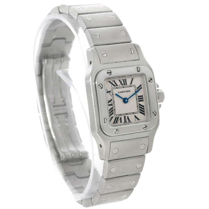 The image shows a side angle view of the Cartier Santos W20056D6 Women
s Stainless Steel Silver Dial W20056D6 Women
s Stainless Steel Silver Dial watch, highlighting its square case, bracelet, and Roman numeral dial.