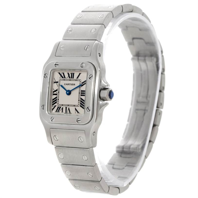 The image shows a Cartier Santos W20056D6 Women
s Stainless Steel Silver Dial W20056D6 Women
s Stainless Steel Silver Dial watch from an angled side view, highlighting its face, bezel, crown, and part of the bracelet.