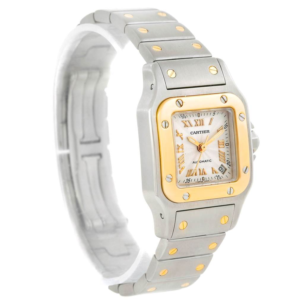 The image shows a front side angle of the Cartier Santos W20057C4 Women
s Stainless Steel Silver Dial W20057C4 Women
s Stainless Steel Silver Dial model watch, highlighting its face and bracelet.