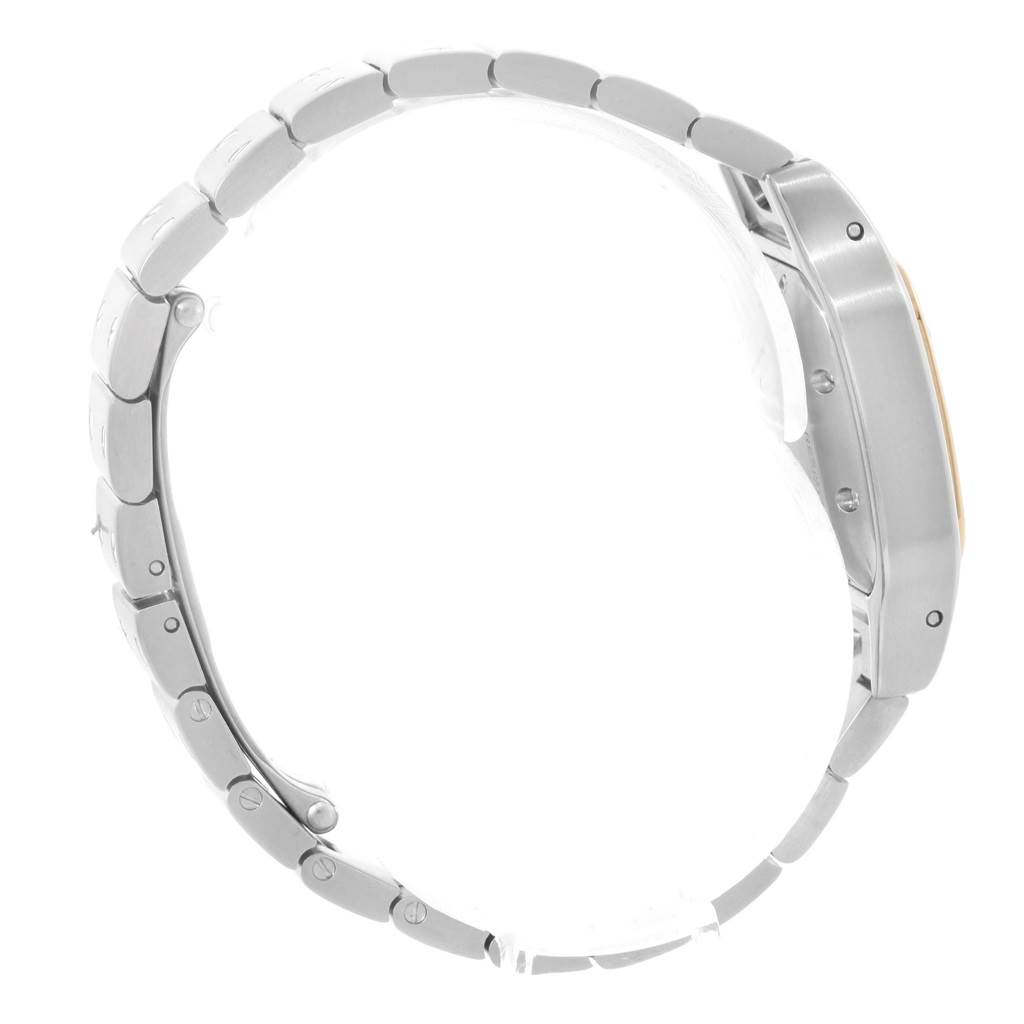 The image shows a Cartier Santos W20057C4 Women
s Stainless Steel Silver Dial W20057C4 Women
s Stainless Steel Silver Dial model watch from a side angle, highlighting its bracelet and case.