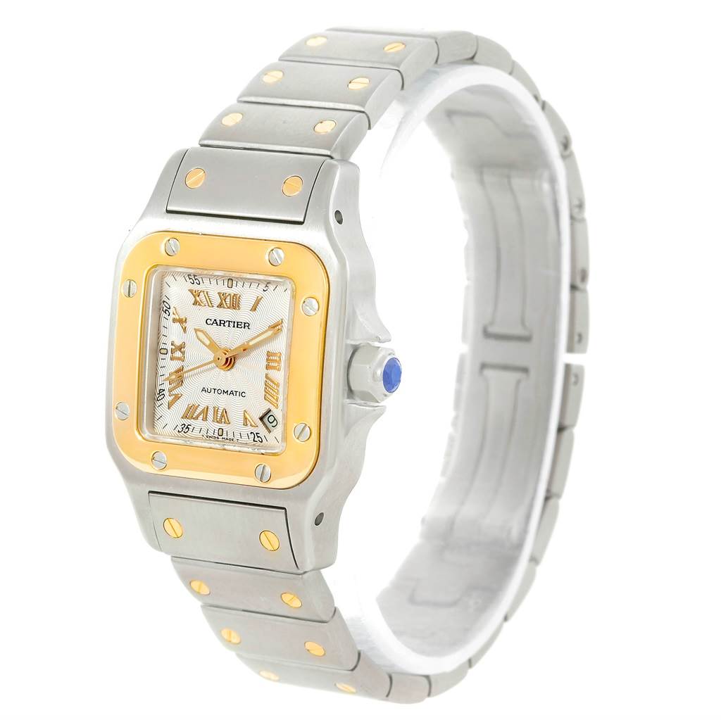 The image shows a Cartier Santos W20057C4 Women
s Stainless Steel Silver Dial W20057C4 Women
s Stainless Steel Silver Dial watch at a three-quarter angle, highlighting the face, bezel, crown, and part of the bracelet.