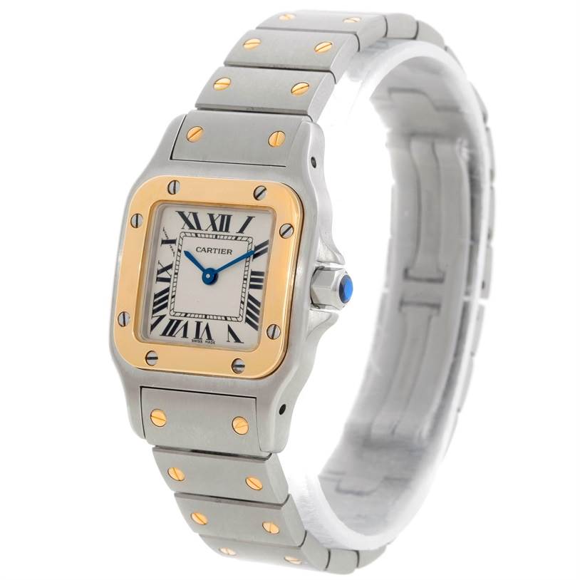 The watch is shown at a front angle, highlighting the dial, bezel, and bracelet of the Cartier Santos W20012C4 Women's Stainless Steel Silver Dial W20012C4 Women's Stainless Steel Silver Dial model.