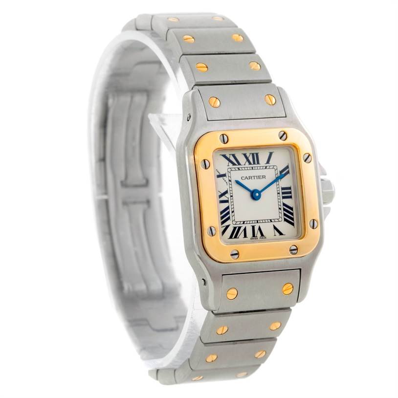 The image shows a Cartier Santos W20012C4 Women's Stainless Steel Silver Dial W20012C4 Women's Stainless Steel Silver Dial watch viewed from a front angle, highlighting its square face, Roman numerals, mixed metal bracelet, and bezel.