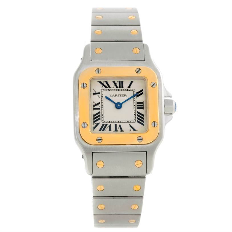 This image shows a frontal view of a Cartier Santos W20012C4 Women's Stainless Steel Silver Dial W20012C4 Women's Stainless Steel Silver Dial watch, highlighting the dial, bezel, bracelet, and crown.