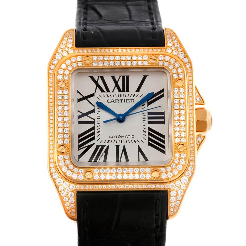 This image shows a Cartier Santos WM502051 Yellow Gold Silver Dial WM502051 Yellow Gold Silver Dial watch viewed from the front, highlighting its diamond-studded bezel, dial, and leather strap.