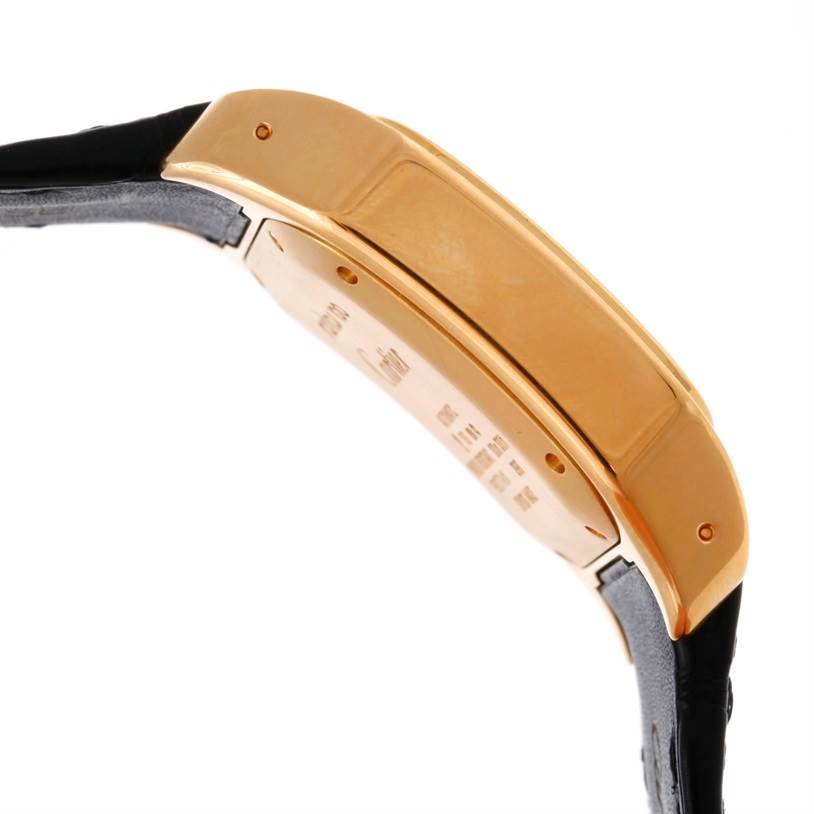 The image shows a side view of a Santos watch by Cartier, focusing on the watch
s edge and strap attachment.