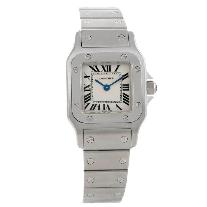 The image shows a frontal view of a Cartier Santos W20056D6 Women
s Stainless Steel Silver Dial W20056D6 Women
s Stainless Steel Silver Dial watch, highlighting the dial, bezel, and part of the band.
