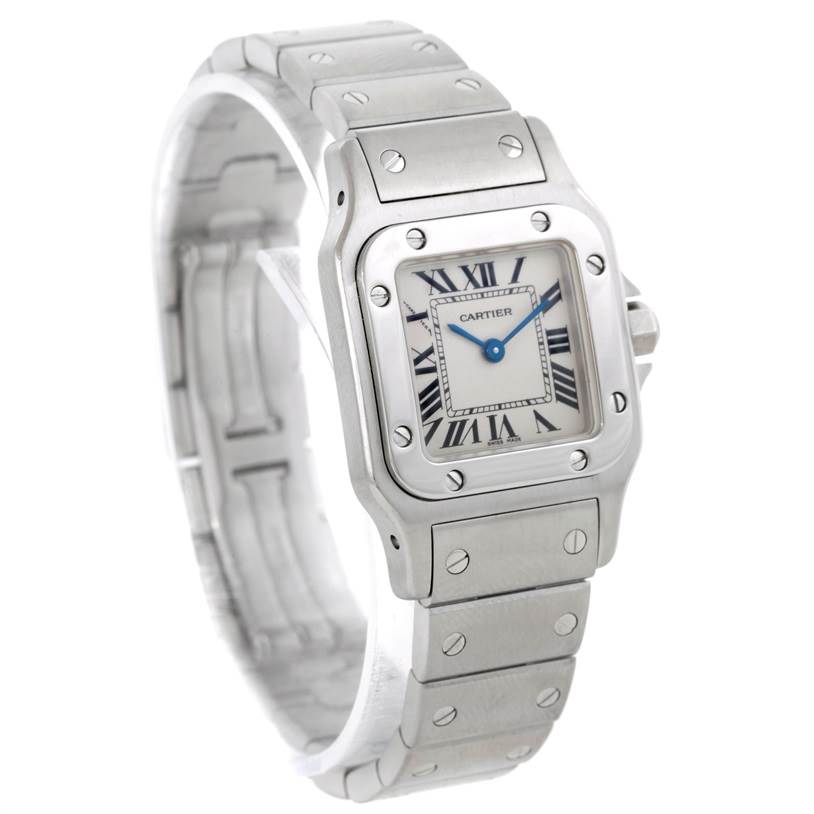 The image shows a Cartier Santos W20056D6 Women
s Stainless Steel Silver Dial W20056D6 Women
s Stainless Steel Silver Dial watch angled to display the face, bezel, and part of the stainless steel bracelet.