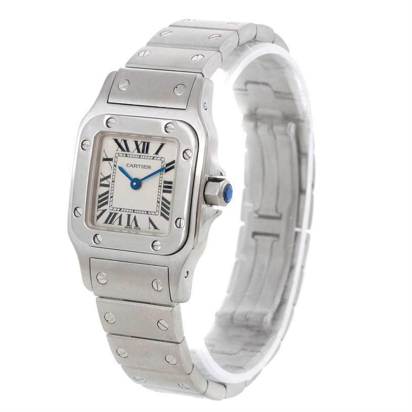The image shows the Cartier Santos W20056D6 Women
s Stainless Steel Silver Dial W20056D6 Women
s Stainless Steel Silver Dial watch at a side angle, highlighting its face, bezel, crown, and bracelet.