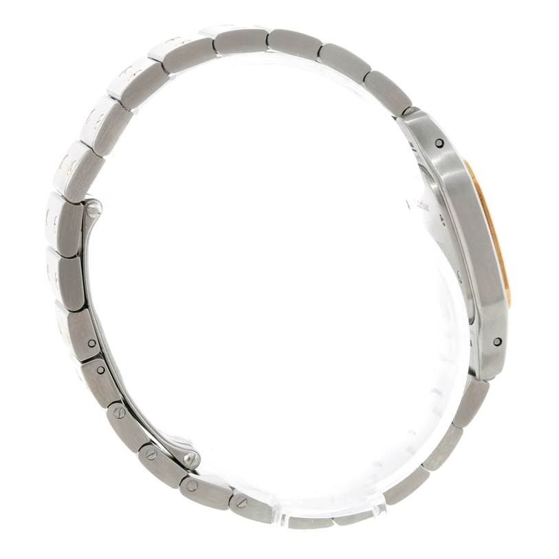 This image shows a side view of a Cartier Santos W20012C4 Women
s Stainless Steel Silver Dial W20012C4 Women
s Stainless Steel Silver Dial watch, highlighting the bracelet and case.