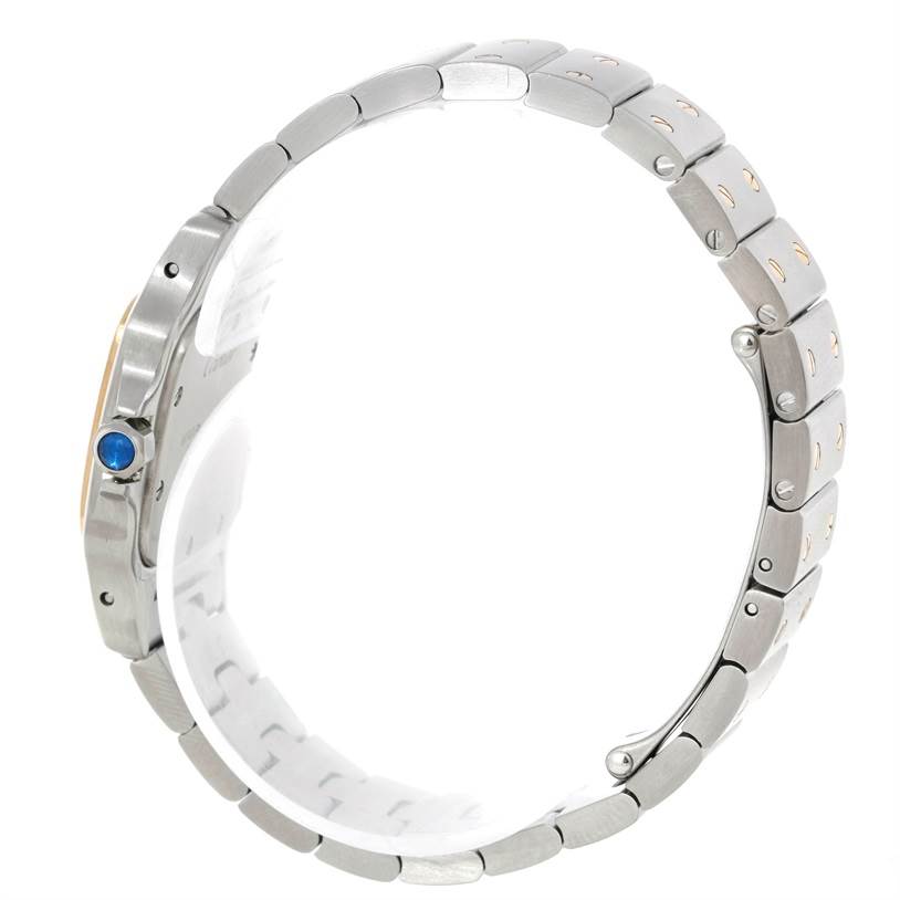 The image shows the side view of a Cartier Santos W20012C4 Women
s Stainless Steel Silver Dial W20012C4 Women
s Stainless Steel Silver Dial watch, highlighting the bracelet and crown.